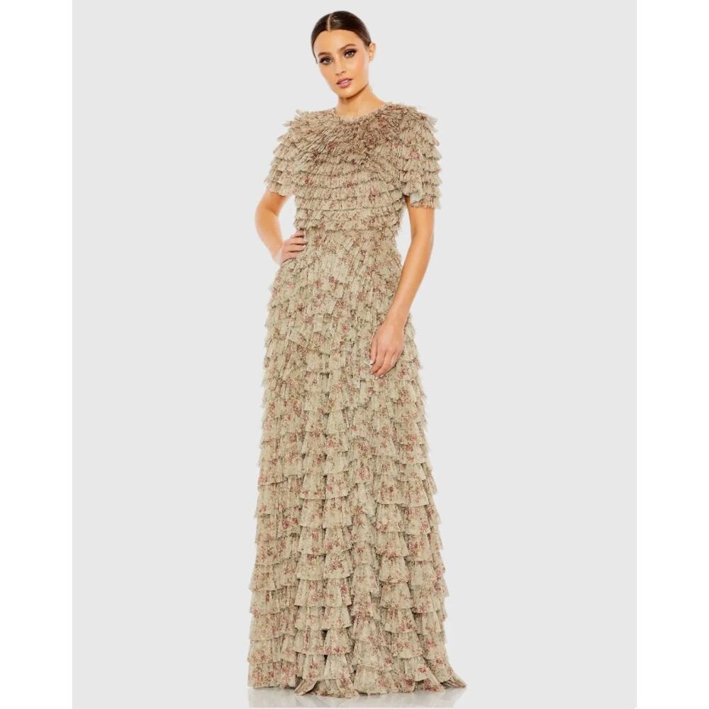 Mac Duggal Beige Floral Maxi Dress